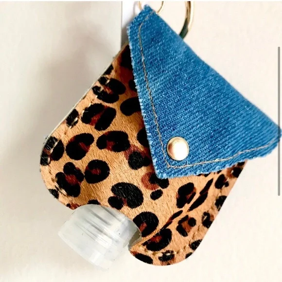 LAST ONE: Genuine leather hand sanitizer keychain holder in denim leopard - Picture 2 of 3